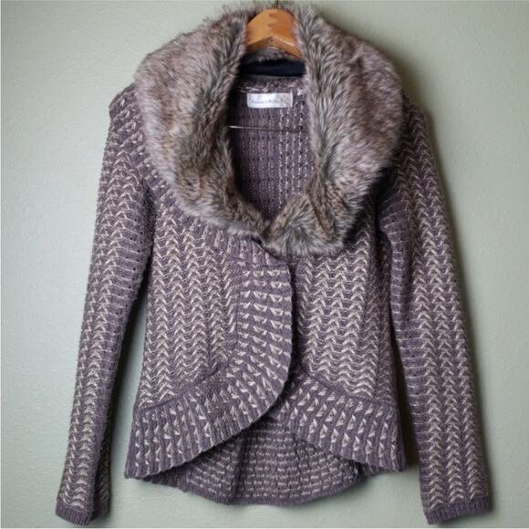 ANTHROPOLOGIE CHARLIE ROBIN Brown Tan Rushcliffe Fur Collar Cardigan Sweater S - Picture 9 of 11